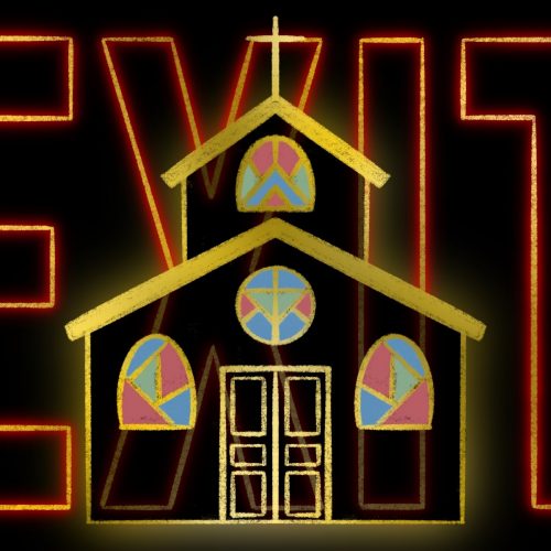 An illustration of the church with the word EXIT behind it.