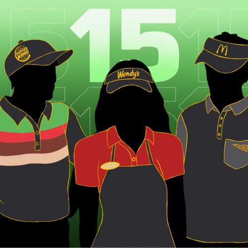An illustration of minimum wage workers for an article about the debate around base pay raising to $15. (Illustration by Lexey Gonzalez, Wichita State University)