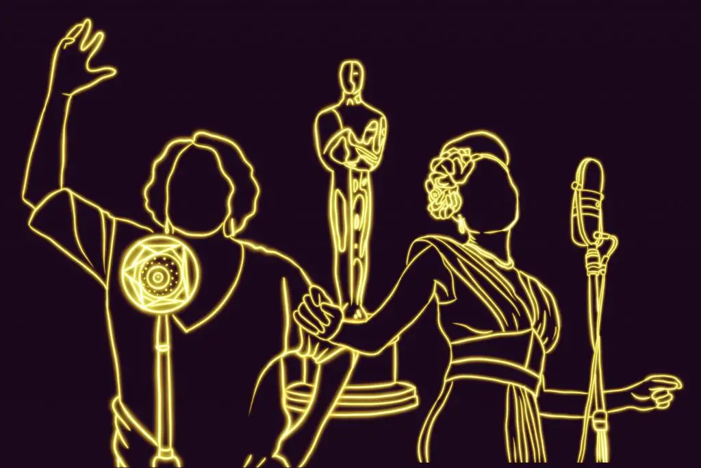 An illustration of people at the Oscars in front of an Oscar.