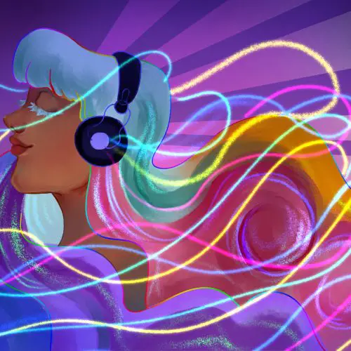 A rainbow illustration of a girl listening to music for an article about how social media allows for the sharing of songs and artists. (Illustration by Lucas DeJesus, Montserrat College of Art)