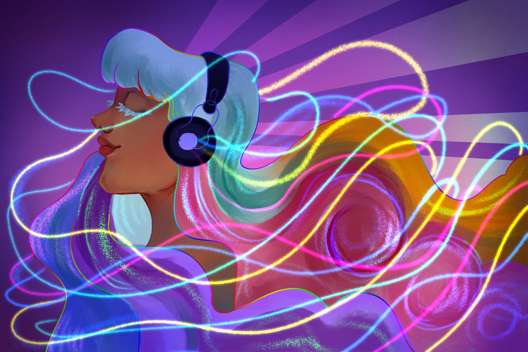 A rainbow illustration of a girl listening to music for an article about how social media allows for the sharing of songs and artists. (Illustration by Lucas DeJesus, Montserrat College of Art)