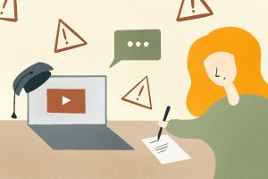 An illustration of a woman watching StudyTube videos for an article about how StudyTubers can be harmful. (Illustration by Sonja Vasiljeva, San Jose State University)