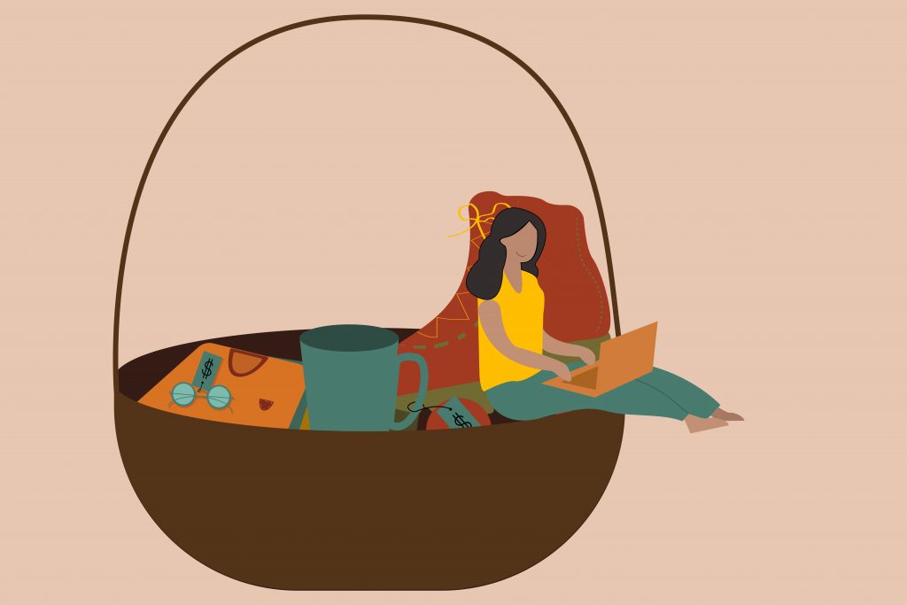 An illustration of a person sitting in a basket with thrifting items