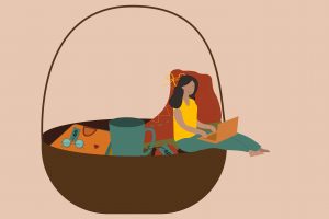 An illustration of a person sitting in a basket with thrifting items