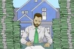 An illustration of a real estate agent surrounded by towers of money