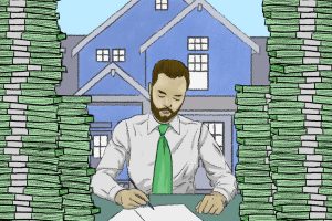 An illustration of a real estate agent surrounded by towers of money