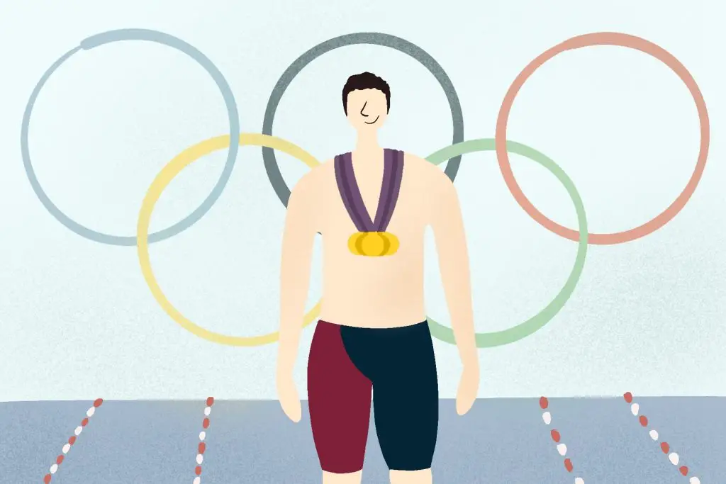 illustration of ryan lochte in front of the olympic rings