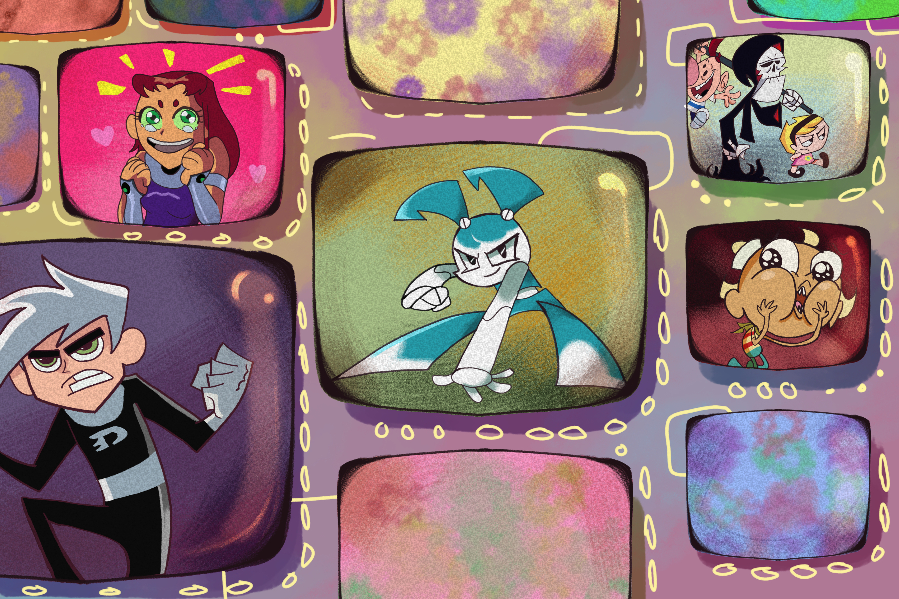 illustration of cartoon characters within a bunch of tv screens