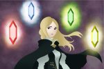for an article on bravely default ii, an illustration of a girl in a black cloak with four gems around her