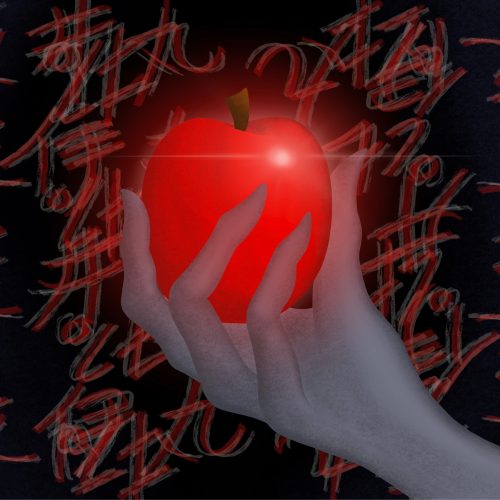 for an article about death note, a hand holding a glowing red apple with scrawled writing in the background