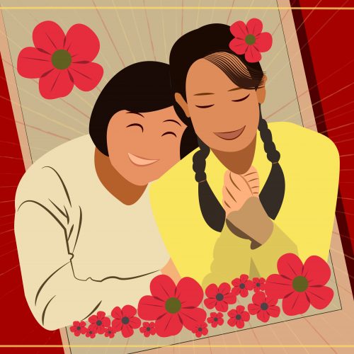 An illustration of the Chinese film Hi, Mom for an article about familial bonds. (Illustration by Julie Chow, University of California, Berkeley)