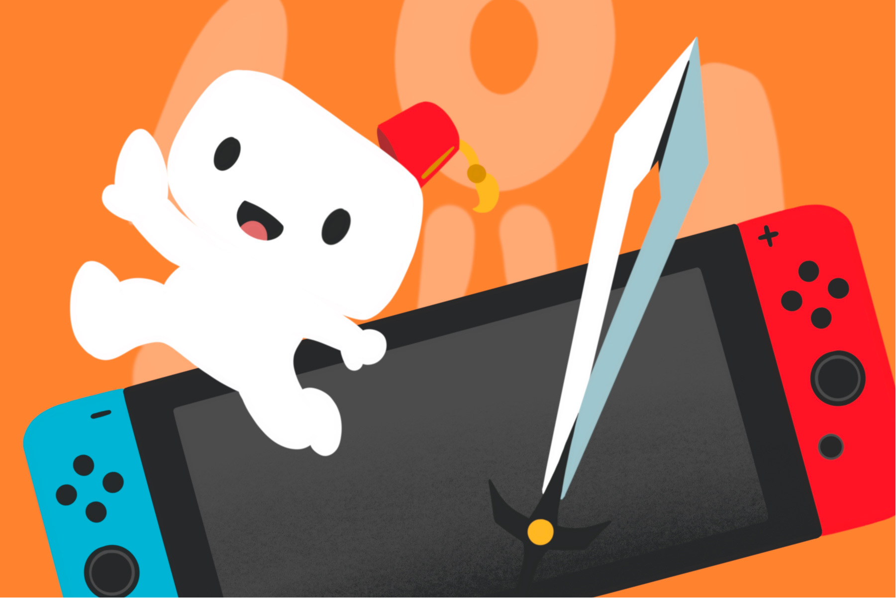 for an article about nintendo indie world games, an illustration of a nintendo switch, a sword, and a marshmallow-like video game creature