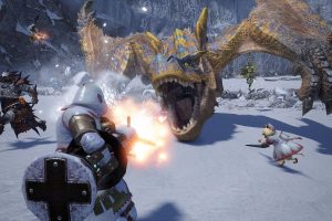 screenshot from monster hunter rise of an armored person battling a fire-breathing dragon