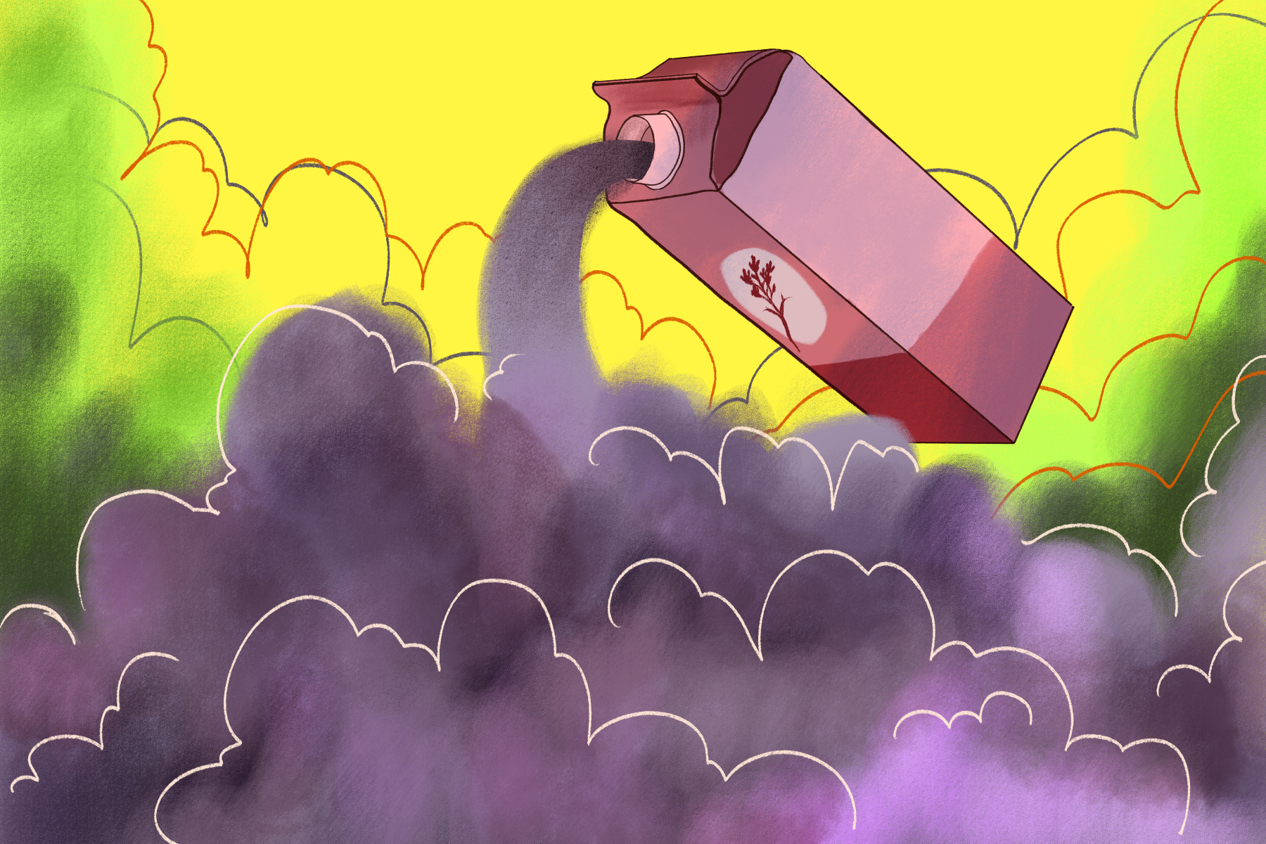 An illustration of plant-based milk pouring out smog for an article about the advantages and disadvantages of non-dairy milk. (Illustration by Lucas DeJesus, Montserrat College of Art)