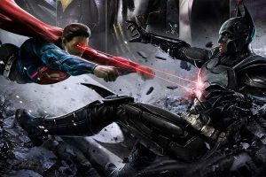 Superman and Batman fighting in an Injustice storyline.