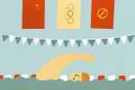 illustration of sun yang swimming in a pool with the olympic flag hanging above him