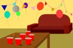 for an article about college parties, an illustration of a yellow room with balloons and streamers on the walls, a red couch, and a table with red cups on it