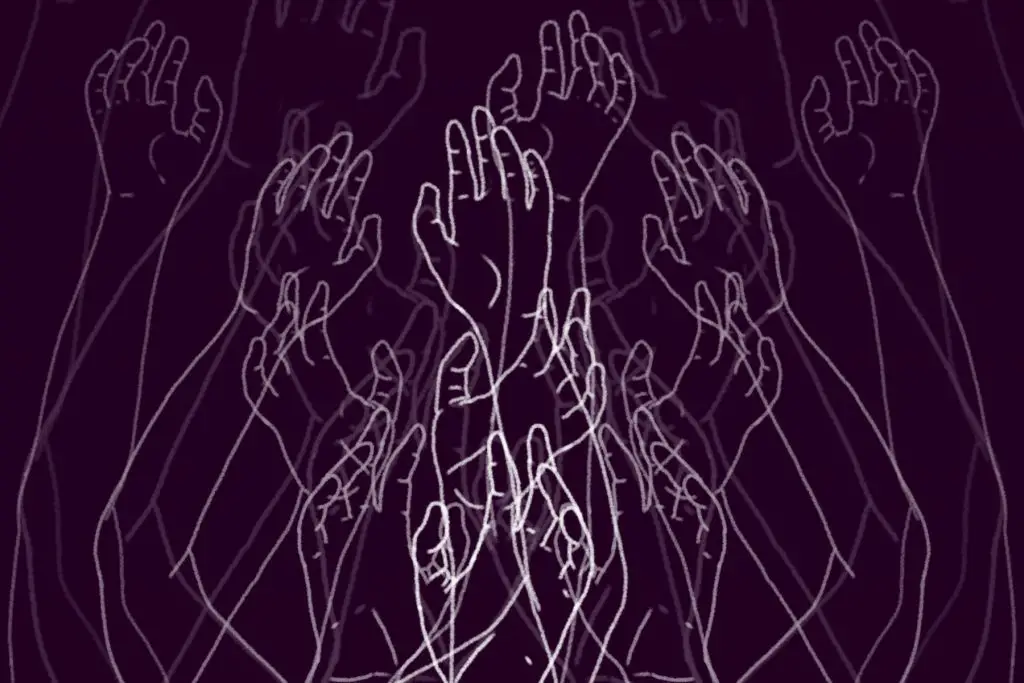 in an article about alcohol abuse, an illustration of white outlines of arms reaching upward
