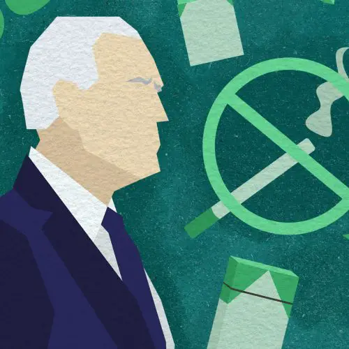 Illustration by Alicia Paauwe of symbols representing menthol cigarettes and a drawing of Joe Biden