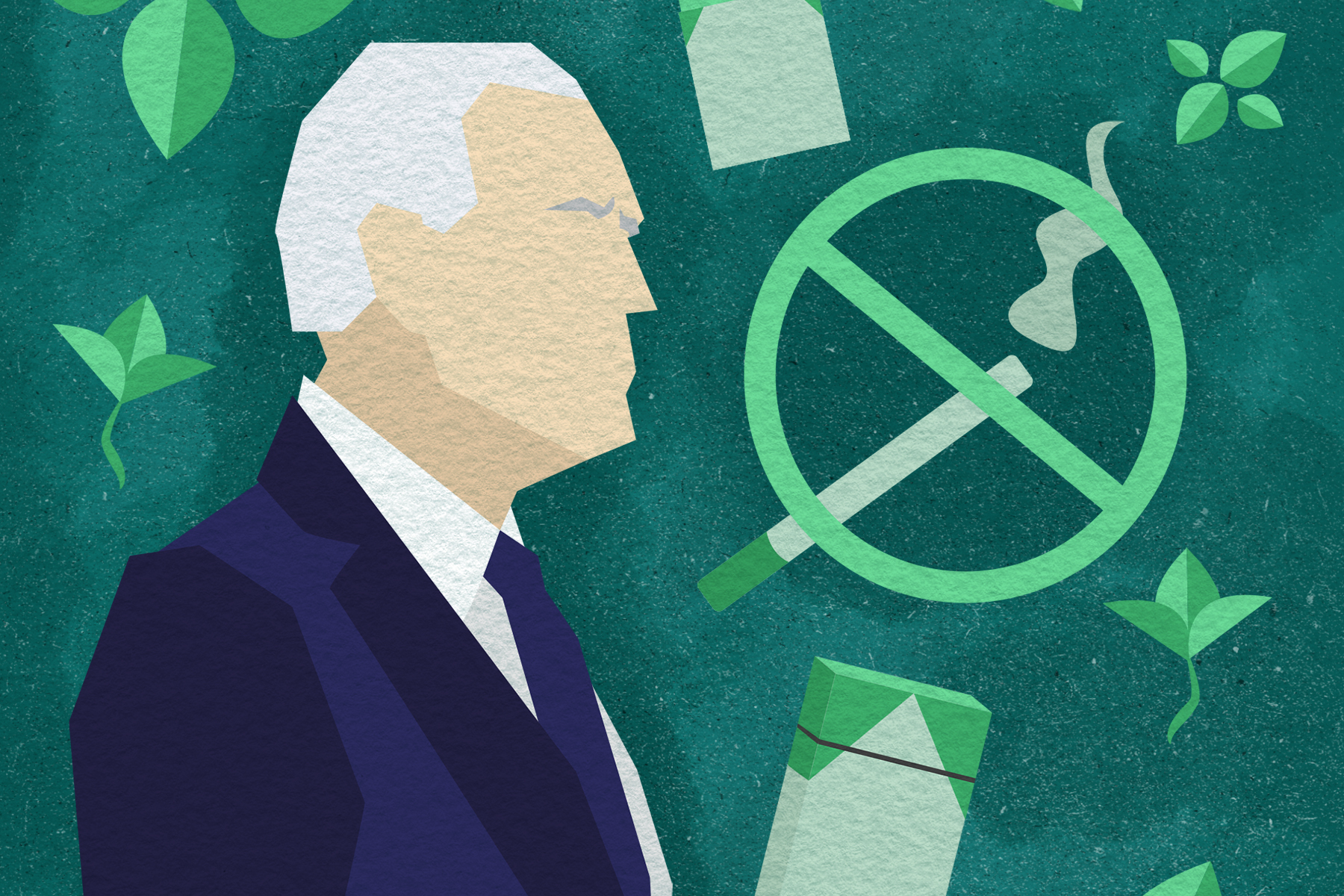 Illustration by Alicia Paauwe of symbols representing menthol cigarettes and a drawing of Joe Biden