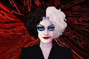 Illustration of Emma Stone as Cruella.