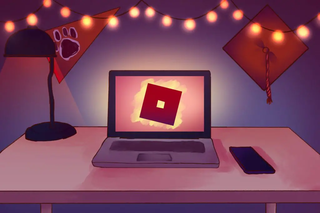 illustration of the roblox logo on a laptop screen with a college banner and a graduation cap hanging in the background