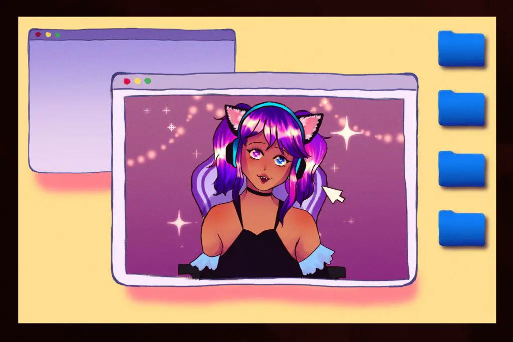In an article about VTubers, an illustration of a VTuber in a computer window