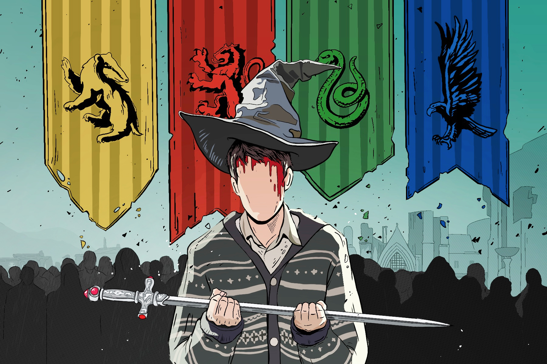 Illustration of someone wearing the Sorting Hat in front of 4 flags representing each house