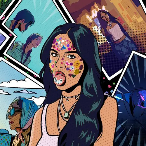 A colorful illustration stylizing the album cover of Olivia Rodrigo's debut album 'Sour' highlights the diversity and youthfulness of the tracks' sounds and subjects.