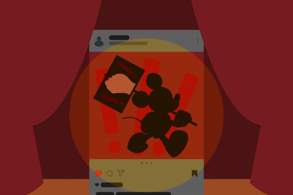 In an article about Disney, an art piece of Mickey Mouse holding a sign, silhouetted against an instagram post frame and a red background.