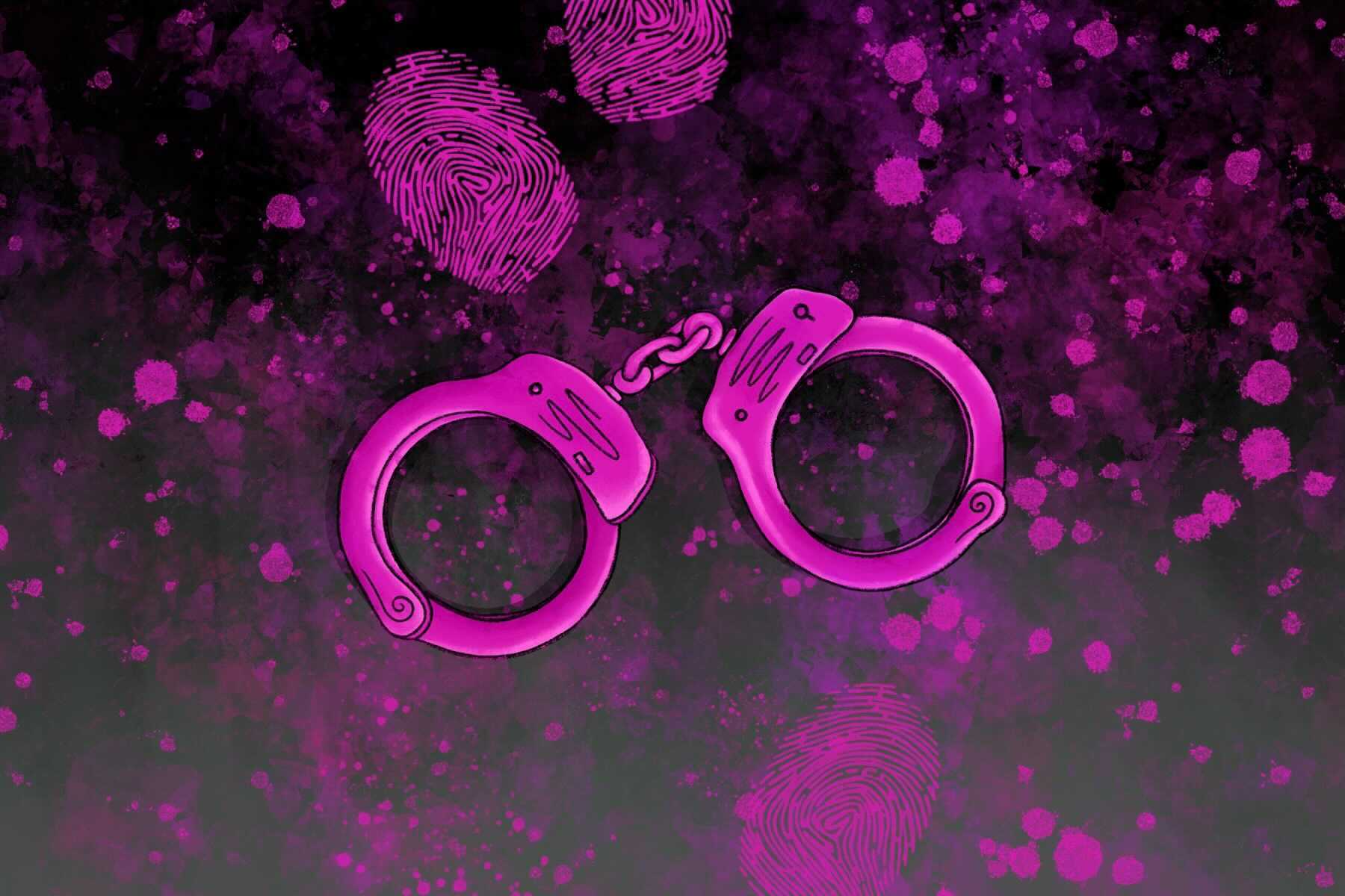 An illustration of handcuffs and fingerprints for an article about the podcast "True Crime Obsessed." (Illustration by Katelyn McManis, Columbia College Chicago)