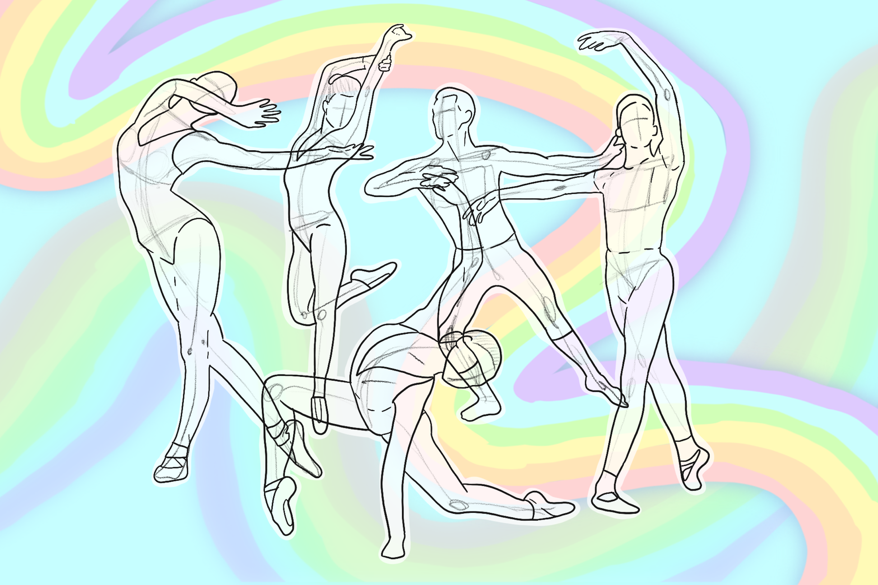 An illustration of LGBTQ+ dancers. (Illustration by Giovanna Martin, Columbia College Chicago)
