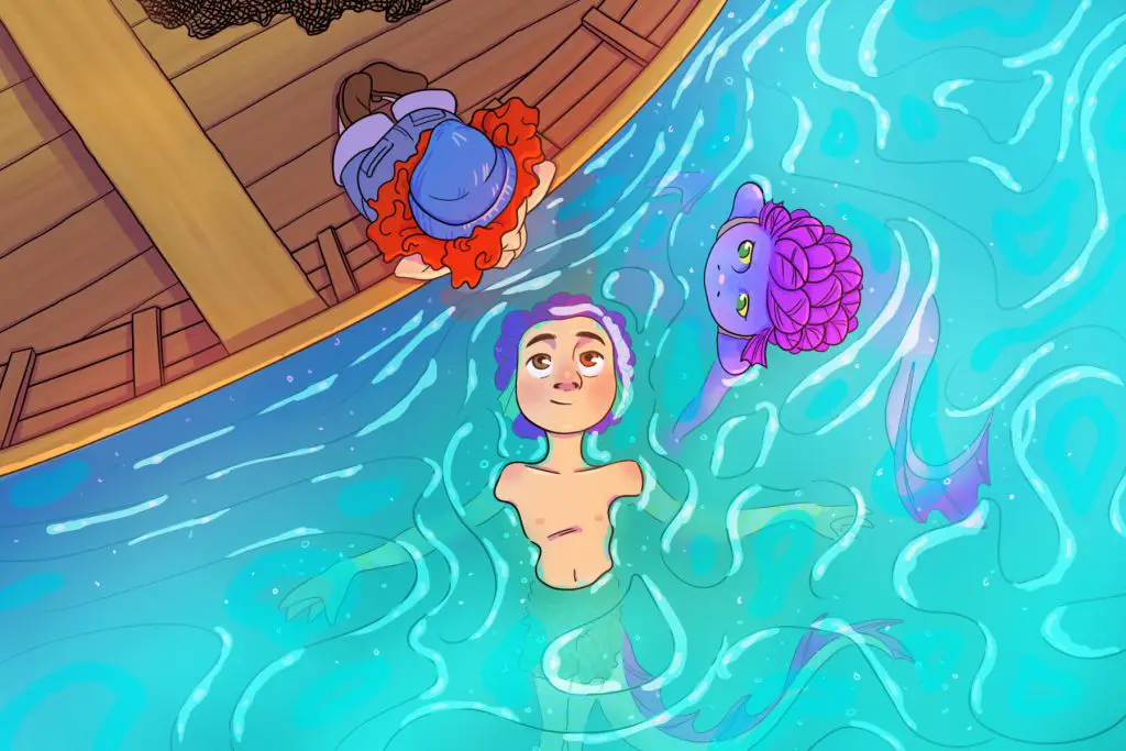 Illustration of characters from the film "Luca" in the sea.