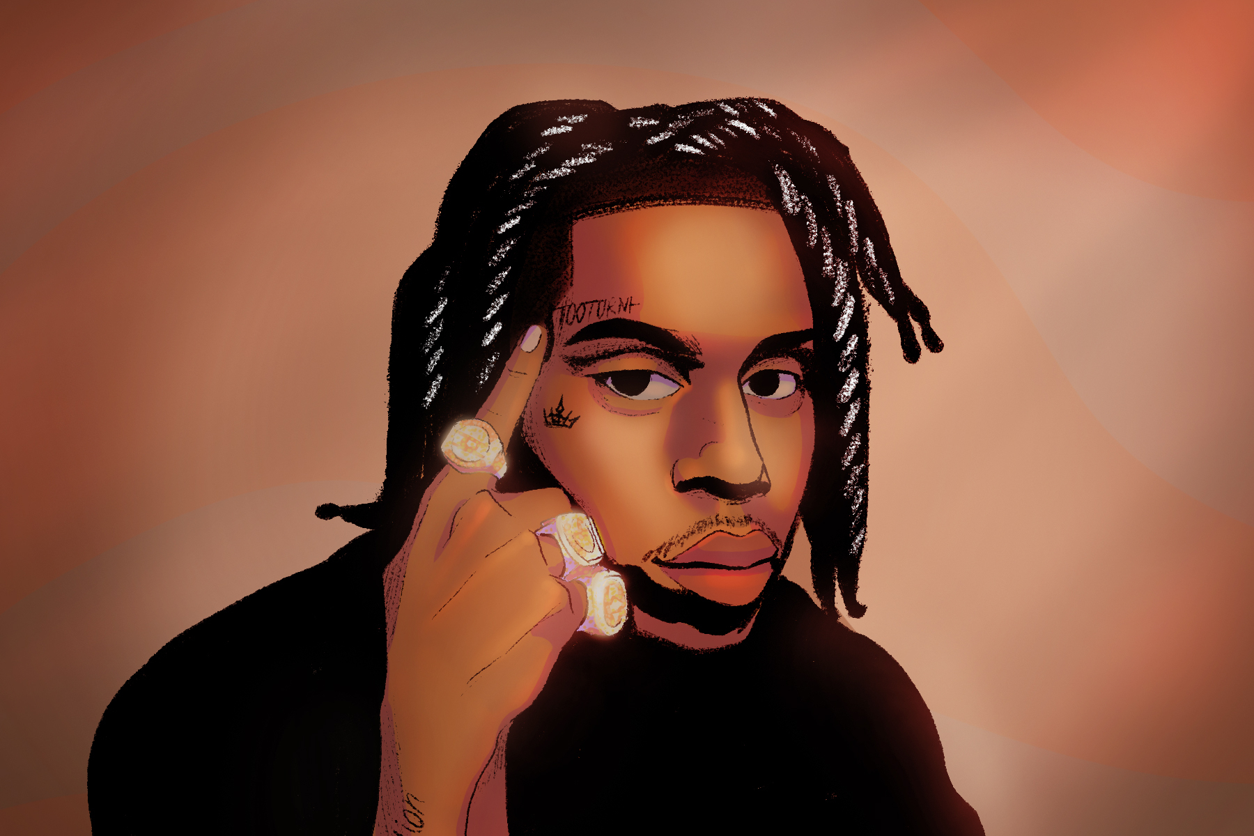 An art piece of rap artist Polo G against a brown background. (Illustration by Yana Ramos Cutrim, George Fox University)