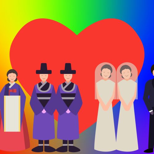 Four same sex couples in modern and traditional Korean clothing in front of a red heart and a rainbow background,