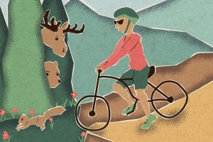 An illustration for an article about the overwhelming whiteness of outdoor sports shows a white cyclist biking down a trail, while animals hide in the nature beyond.