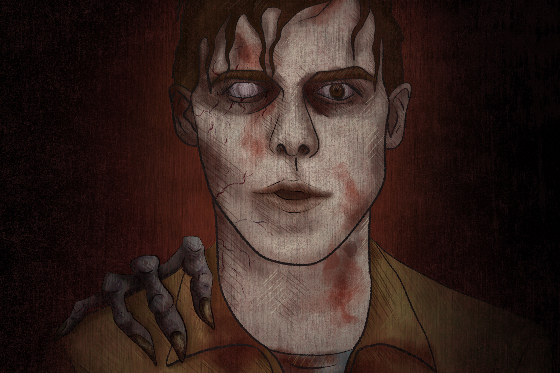 An illustration based on the film The Conjuring: The Devil Made Me Do It featuring the bloody antagonist with a clawed hand gripping his shoulder. (Illustration by Alicia Paauwe, Oakland University)