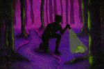 An illustration of The Box in the Woods protagonist and teenage detective, Stevie Bell, shining a flashlight on a skull on the forest floor.