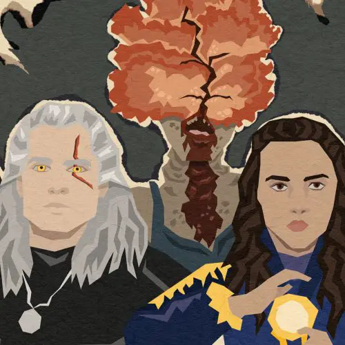 a Netflix sci-fi/fantasy adaptations - an illustration of two characters from The Witcher