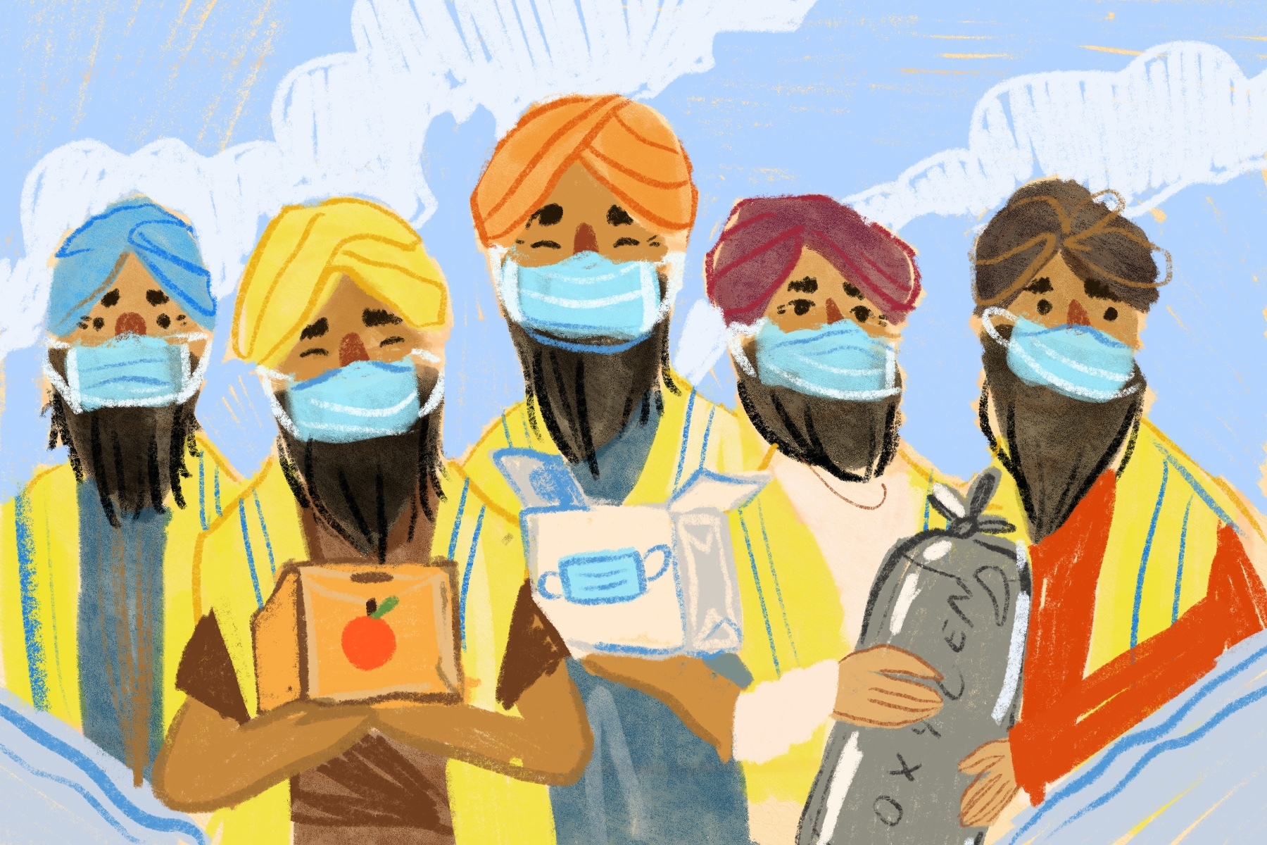 Illustration of Sikhs in masks, in an article about the Sikh community