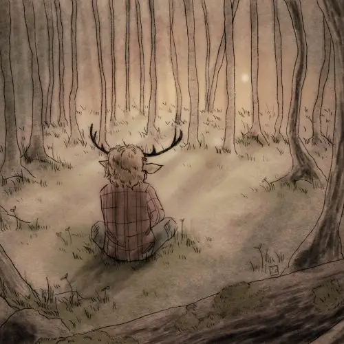 An art piece of Gus, a deer-human hybrid, crouched in the forest.