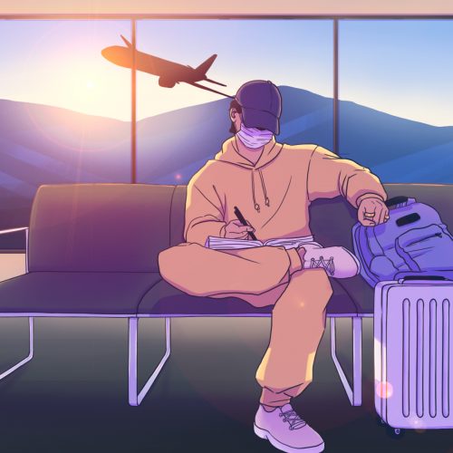 Illustration of a person sitting in an airport for an article about travel writing. (Illustration by Yana Ramos Cutrim, George Fox University)