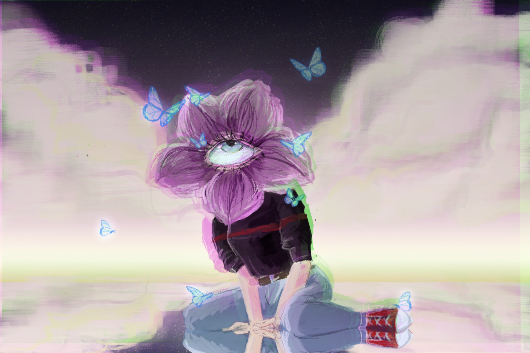 illustration of a flower with an eyeball and butterflies in an article about Dreamcore