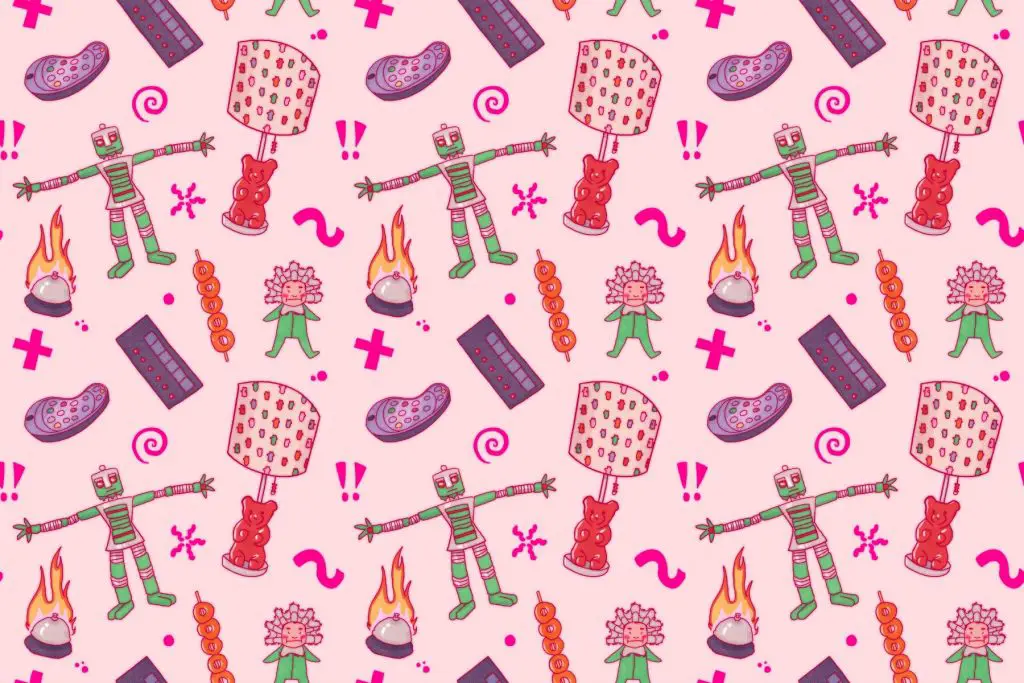 A pattern of various iconic items from iCarly against a pink background.