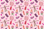 A pattern of various iconic items from iCarly against a pink background.