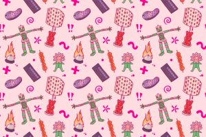 A pattern of various iconic items from iCarly against a pink background.