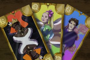 Art depicting Lil Nas X, Jojo Siwa and Joshua Bassett as the king, queen and prince of a rainbow deck of cards, respectively, to cover and article about the importance of their coming out as LGBTQ+.