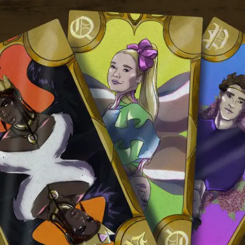 Art depicting Lil Nas X, Jojo Siwa and Joshua Bassett as the king, queen and prince of a rainbow deck of cards, respectively, to cover and article about the importance of their coming out as LGBTQ+.