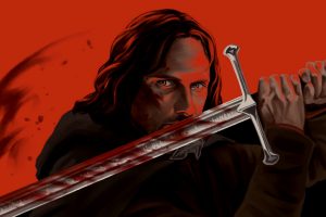 Illustration of Aragorn from "Lord of the Rings" holding a sword
