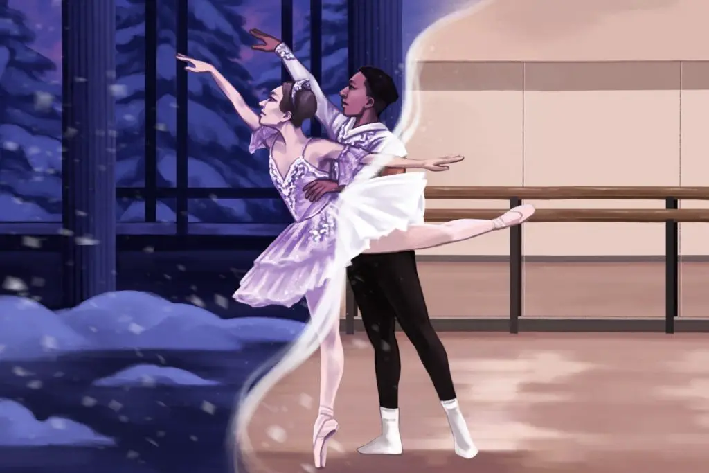 An illustration of two ballet students from On Pointe in a traditional ballet pose, split between a scene from The Nutcracker and a practice room.